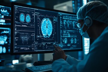 A doctor in a surgical cap and mask reviews a brain scan on a monitor.