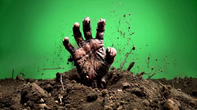 Zombie Hand Rising from the Ground on Green Screen for Halloween Horror Scenes and Decorations