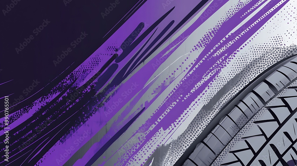 Poster abstract purple and gray background with a tire in the foreground.