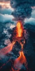 Aerial view of active volcano erupting, flowing lava, dramatic sky, space for text