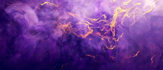 Shiny, glowing background with purple swirl of smoke, golden dust, shimmer, particles. Steam effect. Smoky mockup for celebrating. Generative ai	