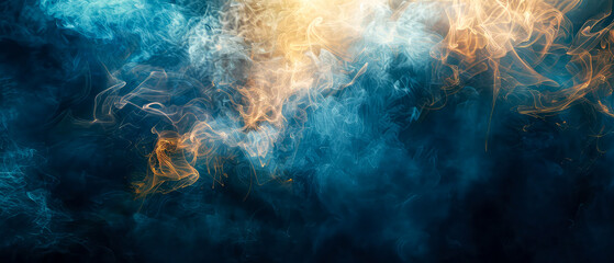 Fototapeta premium Shiny, glowing background with blue swirl of smoke, golden dust, shimmer, particles. Steam effect. Smoky mockup for celebrating. Generative ai