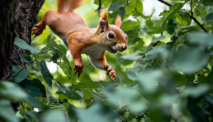 Obraz premium A squirrel leaps through green foliage, showcasing its agility and playful nature in a vibrant forest setting.