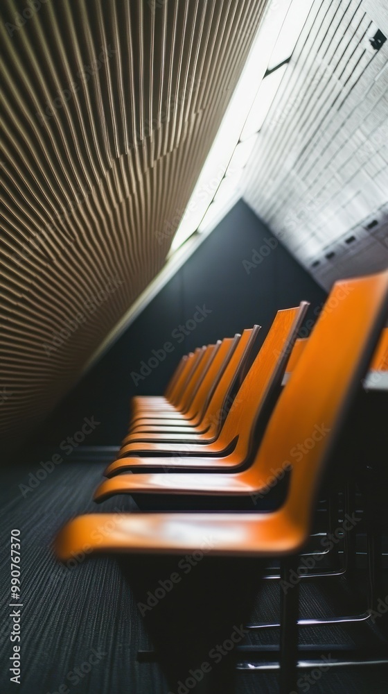 Poster A row of modern orange chairs in a minimalist architectural space.