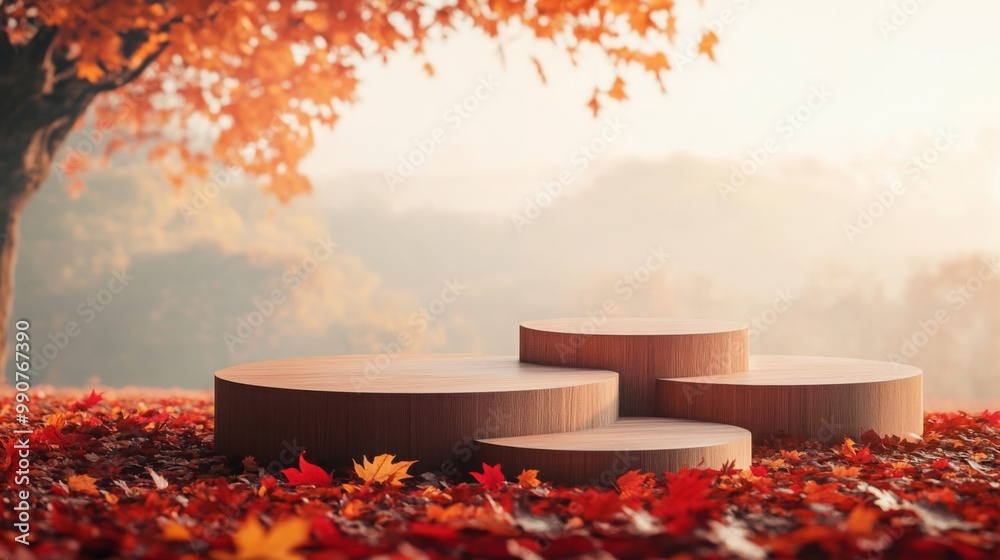 Aufkleber A close-up image of three wooden platforms, positioned in a staggered formation. The platforms are resting on a bed of red autumn leaves, which are scattered around the base of a tree trunk