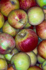 Juicy eating apples of red and green in closeup with halftone effect