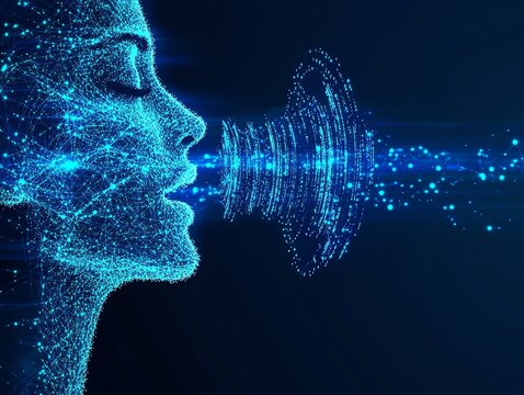 Abstract digital human head speaking with glowing lines forming sound waves.