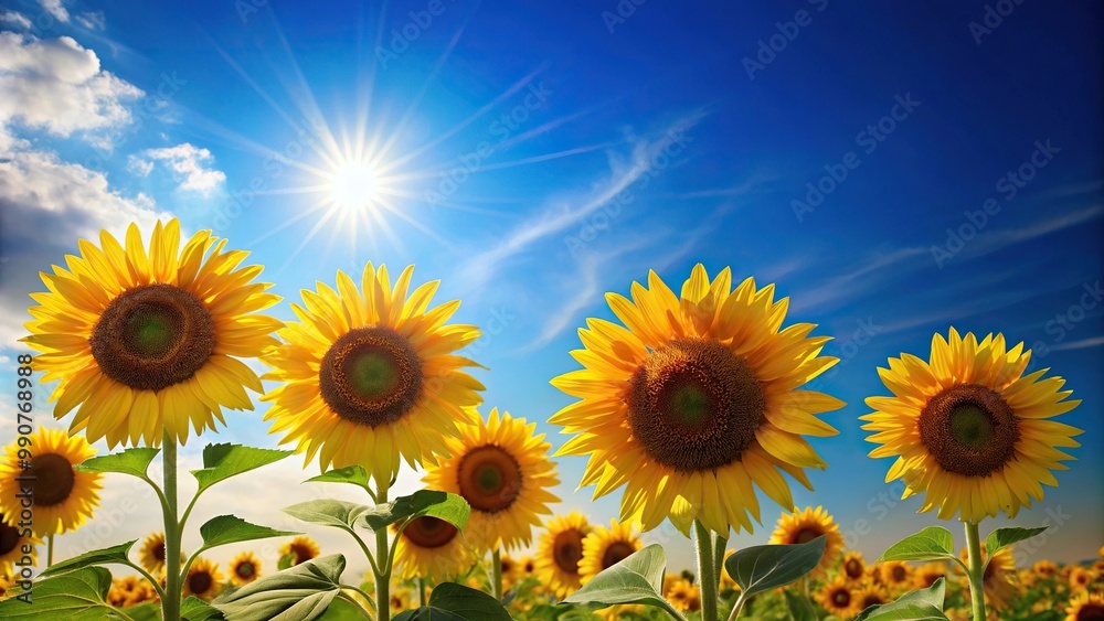 Wall mural vibrant sunflower field against sunny blue sky silhouette