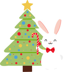 Cute bunny holding candy cane next to decorated Christmas tree
