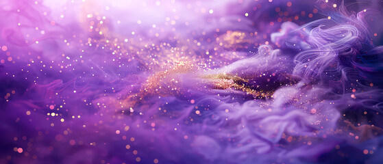Shiny, glowing background with purple swirl of smoke, golden dust, shimmer, particles. Steam effect. Smoky mockup for celebrating. Generative ai	