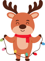 Cute reindeer holding Christmas lights wearing a red scarf