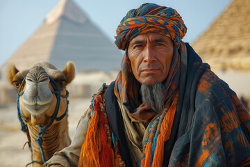 Portrait of a Traditional Man on Camel with Egyptian Pyramids in Background during Daylight