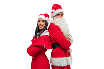Happy Couple Dressed as Santa Claus Posing Back to Back with Smiles for the Camera white background