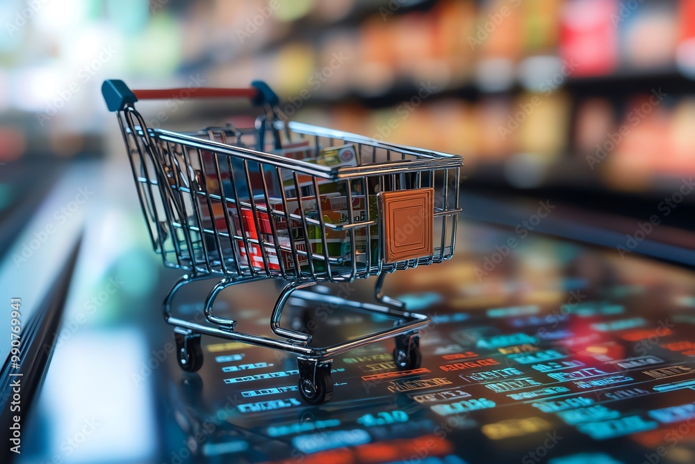 Wall mural miniature shopping cart on a digital display with glowing numbers and shelves in the background.