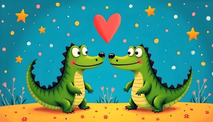 Two joyful cartoon alligators face each other, surrounded by stars and a heart in a vibrant setting
