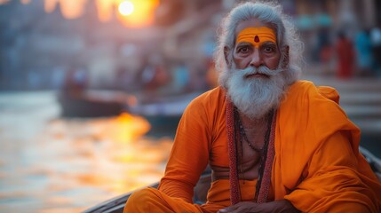 Indian Sadhu Sitting Near Ganges River at Varanasi Ghat During Sunset, Spiritual Devotee