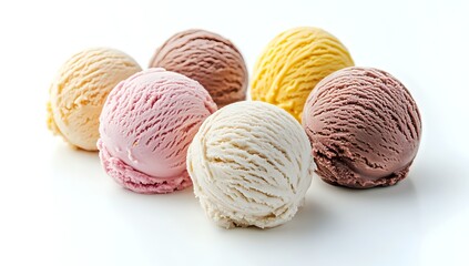 Fototapeta premium Close-up of six scoops of ice cream in different flavors on a white background.