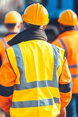 Construction Workers in Hard Hats, Safety Gear Walking on Construction Site, City Background