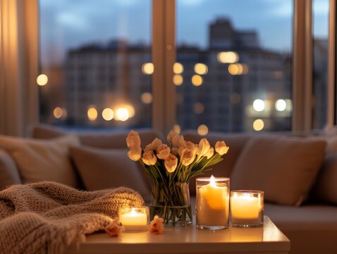 Cozy evening with candles and tulips in a modern apartment setting