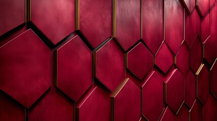 Abstract luxury background. 3D rendered rich burgundy hexagonal grids with golden lines detailing.