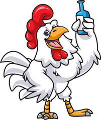 Drunk cartoon rooster drinking a beer