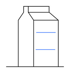 Black outline of a milk carton with two horizontal blue lines. Single line style. Ideal for packaging design, dairy industry themes, product labeling, minimalist artwork, food and beverage branding.