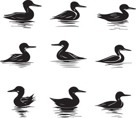 Black and White Vector Illustration of Ducks Swimming: Silhouette Style Depiction of Waterfowl, Wildlife, and Nature Art Graphics