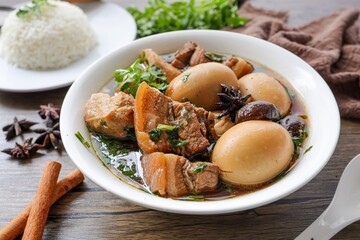 Seasoned eggs, hard boiled eggs and  pork belly  in Chinese Five Spices Sauce,Five Spice Egg with pork, thai called kai pa lo, boiled eggs and pork in brown soup