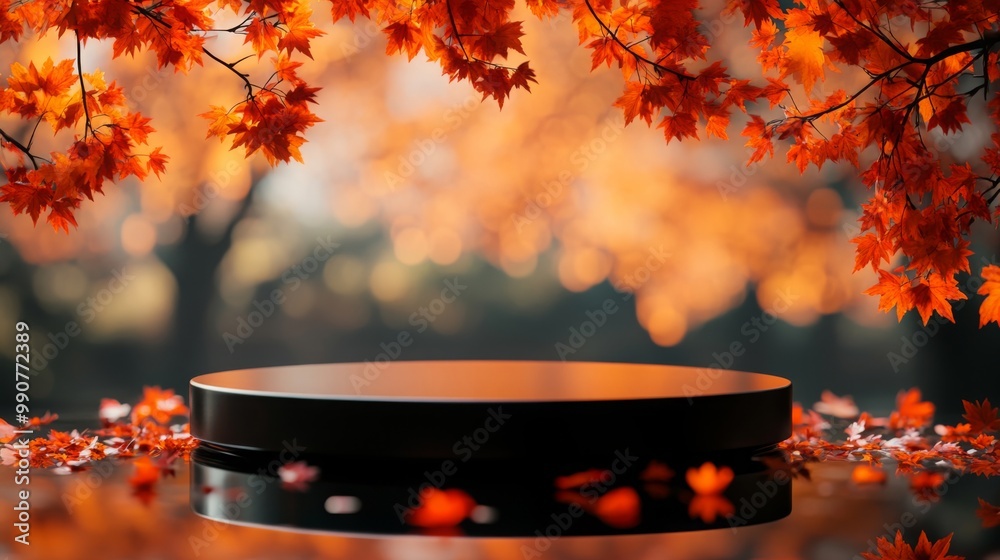Poster the tranquil atmosphere highlights a circular platform surrounded by bright orange maple leaves, set
