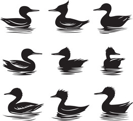 Black and White Duck Silhouettes: Vector Illustration of Waterfowl, Bird Graphics, Wildlife Art, Nature Design, Animal Clipart, Duck Icons Set