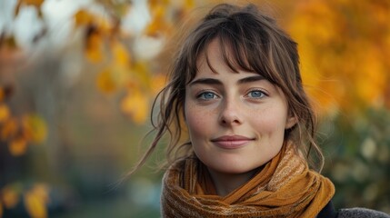 Fototapeta premium Happy woman in her 30s, perfectly complementing the autumn landscape