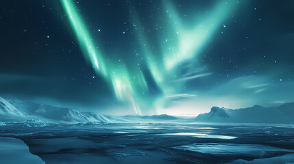 Fototapeta premium Aurora borealis illuminates the night with vivid greens and pinks rippling across the sky over icy tundra. Icy Tundra. Illustration