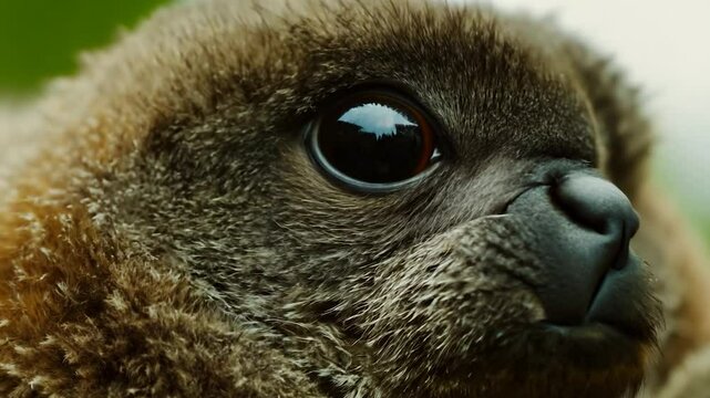 A young bird with fluffy feathers gazes intently, showcasing its round dark eyes and delicate features. The background features soft, natural colors in bright daylight