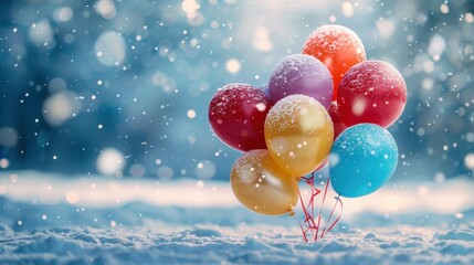 A joyful winter party concept is showcased with bright balloons in a snowy landscape, creating an uplifting backdrop perfect for your event details