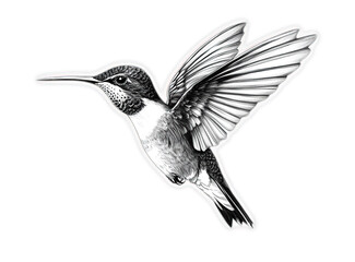 Fototapeta premium Hummingbird in flight, black and white illustration. Bird with wings spread, nature, animal, wildlife