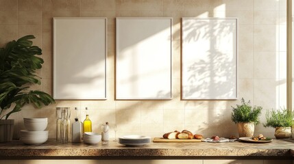 Modern Kitchen Interior with Empty Picture Frames