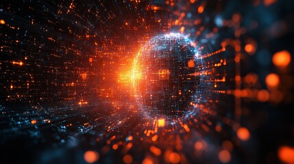 Obraz premium A digital abstract background designed for technological operations, featuring neural networks, AI, data encryption, and scientific representations with copy space.