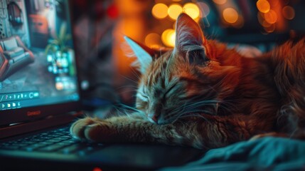Ginger cat sleeping on laptop keyboard while man types, curious cat staring at laptop screen with 'cat' displayed, perfect for hd 8k gamer cat wallpaper and cozy tech-themed photography