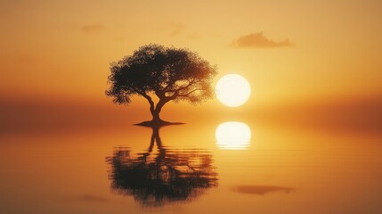 Beauty sunset and silhouette from tree mirroring reflection on ocean water