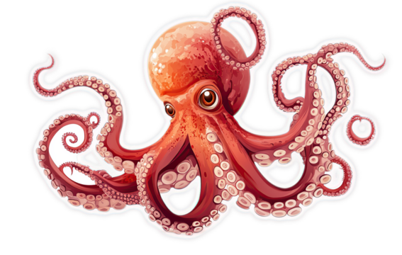 Red octopus with eight tentacles isolated on black background