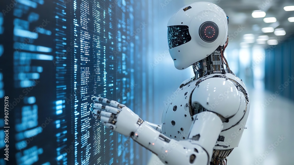 Poster futuristic robot with glowing eyes interacts with a digital display, analyzing complex code.