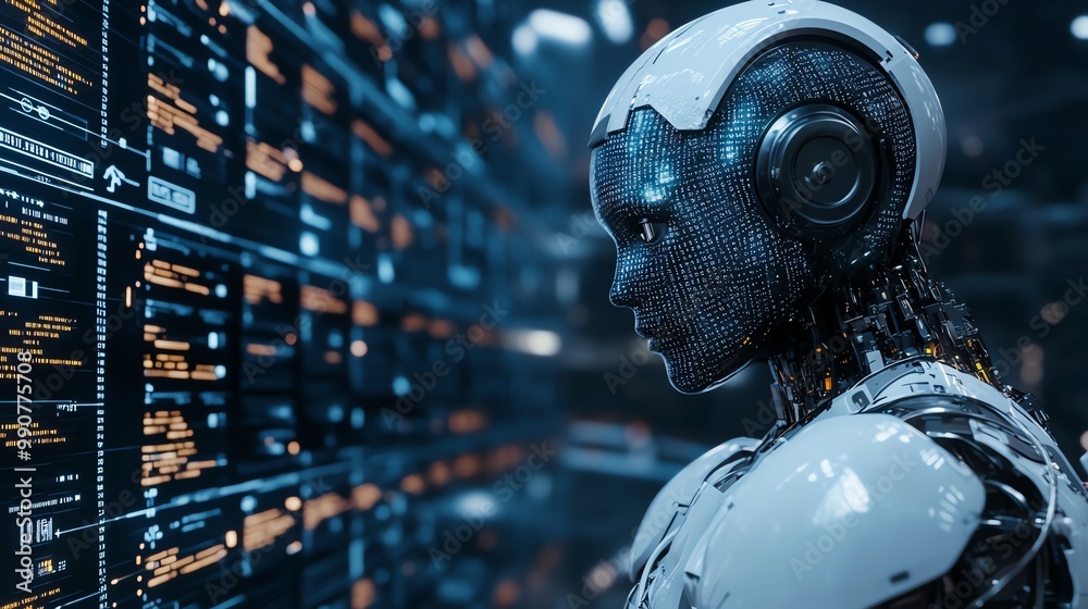 Poster a futuristic android with a glowing head is standing in front of a large screen with blue and orange