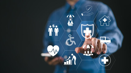 Health insurance concept. Healthcare, finance and medical service. Benefits of health insurance, medical expenses, providing financial security. Businessman with medical service, health insurance icon