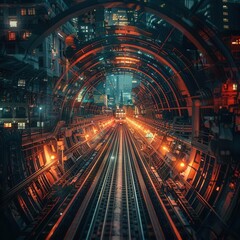Mole tunnel-inspired subway, sprawling city, dawn, bird's-eye view, intricate underground network, crisp clarity, wide-angle lens