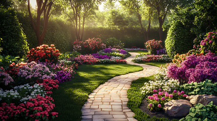 Artificially perfect garden with idealized flowers and flawless greenery