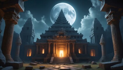 Majestic ancient temple illuminated by the moonlight in a mystical night setting