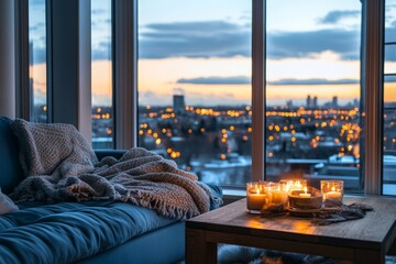Cozy living room with candlelit ambiance overlooking stunning cityscape at dusk