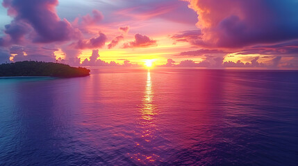 Fototapeta premium Vibrant Sunset Over Calm Waters With Colorful Clouds Near a Tropical Island