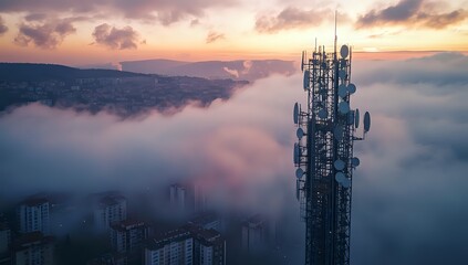 Telecommunication tower against a colorful cloudy sky.