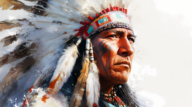 Blackfoot chief wearing feathers in traditional native american attire. concept portraits, native american culture, traditional attire, feathers, blackfoot chief. Native American Powwow. Illustration
